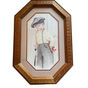 SIGNED Framed Pencil Art Print Early American Boy Kathleen Casey 1986 Wall Decor